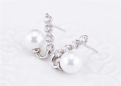 China Pearl / Crystal Sterling Silver Earring , Silver Curved Bar Earring With Post For Lady for sale