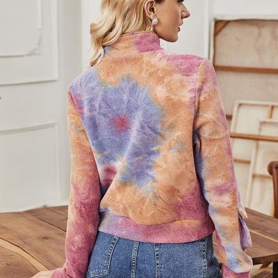 China custom Anti-wrinkle turtle neck cardigan women fashion zipper colorful loose tie dye top jacket for sale