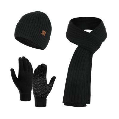 China Fashion stylish trend knitted hat set men and women winter solid color scarf hat gloves three-piece set for sale