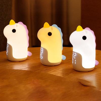 China Cute Unicorn Shaped Night Light Alarm Clock Silicone Clock Stepless Dimmable Voice Control Kids Silicone LED Night Lamp Gifts for sale