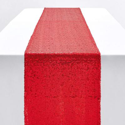 China Hot Red New Style Christmas Party Decoration Jacquard Glitter Sequin Table Cloth Runner Jacquard Sale Dinner Supplier Fabric for sale