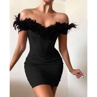 China Sexy Party Evening Skirt Anti-Static Dress Off Shoulder Strapless Feather Bodycan Mini Dress Ladies Elegant Slim Off Shoulder Bridal For Female Wear for sale