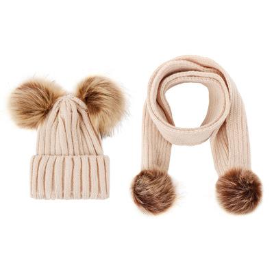 China Winter Boy Thermal Girls Knitted Scarf Set Simplicity Kids Faux Fur Hat and Pompom Knitted Beanie Ski Hat for sale