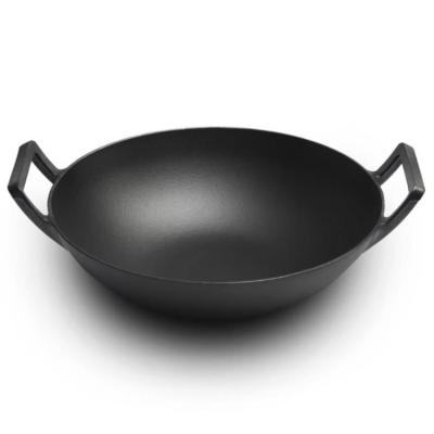 China Sustainable Supply 32cm Cast Iron Chinese Kitchen Cooking Wok Set With Double Ear Handle for sale