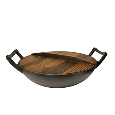 China Sustainable FO Cast Iron Wok Set 32cm With Wooden Handle With Two Iron Handle for sale