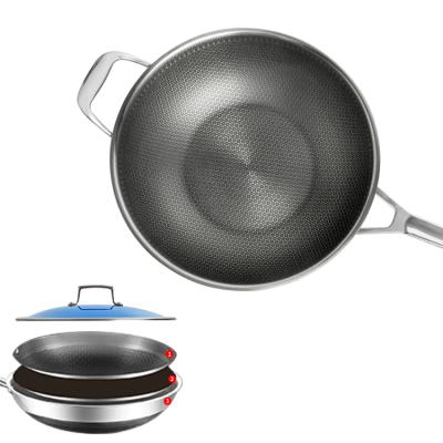 China Viable Custom Logo Chinese Cooking Honeycomb 316 Stainless Steel Hybrid Wok Pan With Lid for sale