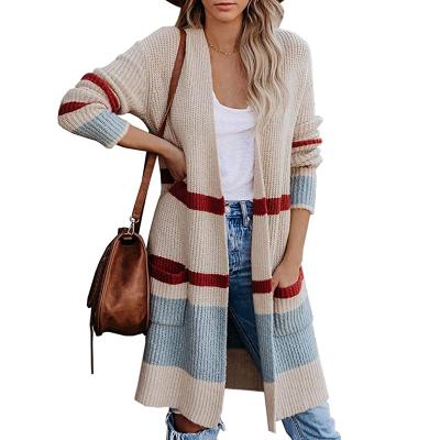 China 2021 Anti-wrinkle fashion high quality pocket striped color blocking cardigan sweater woman for sale