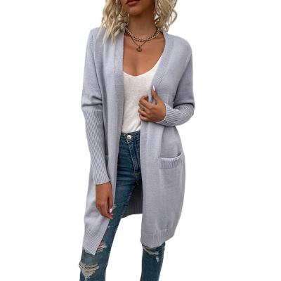 China 2021 Anti-wrinkle Factory Outlet Pockets Solid Color Big V-Neck Unbuttoned Long Cardigan For Ladies for sale