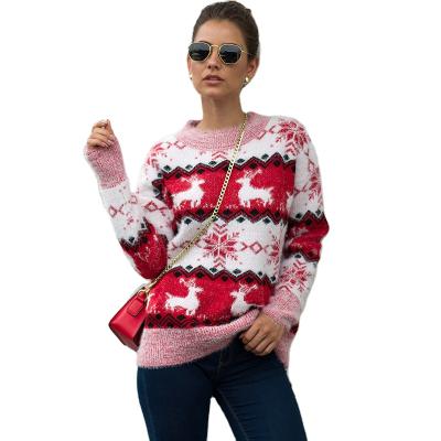 China 2021 Autumn/Winter Women's Anti-Wrinkle Loose Snowflake Fawn Christmas Pullover Long Sleeve Sweater for sale