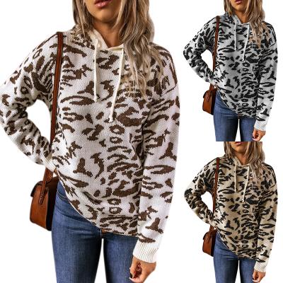 China 2021 Autumn/Winter New Products Anti-Wrinkle Drawstring Leopard Print Knitted Hoodie for sale