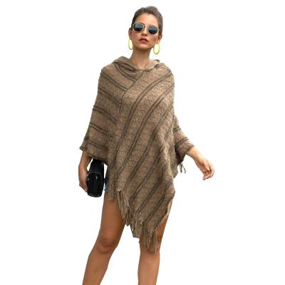 China 2021 European American autumn and winter new design ladies striped hooded tassel knitted shawls for sale