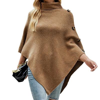 China 2021 Autumn/Winter Classic Fashion Solid Color Side Buttons Turtle Neck Collar Sweater Shawl Capes For Ladies for sale