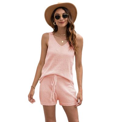 China 2022 Anti-wrinkle Fashion Summer Beach Bikini Blouse Solid Color Hollow Knitted Sweater Vest Twin Set for sale