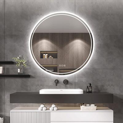 China Large 24 Inch Round Lighted Wall Mounted Smart Bathroom Mirror With Light 3 Colors Dimmable Fogproof IP65 CRI95 for sale