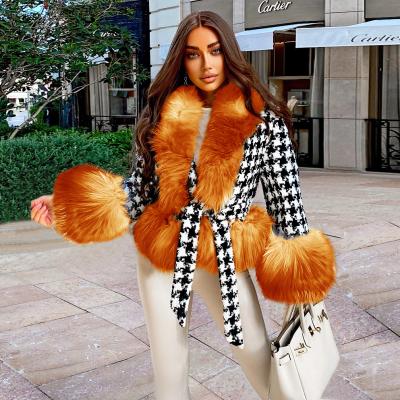 China Anti-wrinkle 2021 new winter women's fur coat women's winter fur collar overcoat large size striped plus cotton outer luxury with belt for sale