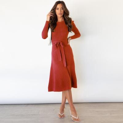 China Solid Color Washable A-Link Sweater Knitted Dress For Women Vintage Casual Streetwear With Belt Full Sleeve Knee Dress 2021 Fall Winter for sale