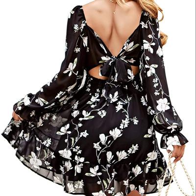 China Sustainable Women Custom Clothing New Arrive Spring Fall Plus Size Floral Layered Casual Dresses Ruffle Off Shoulder Dress for sale