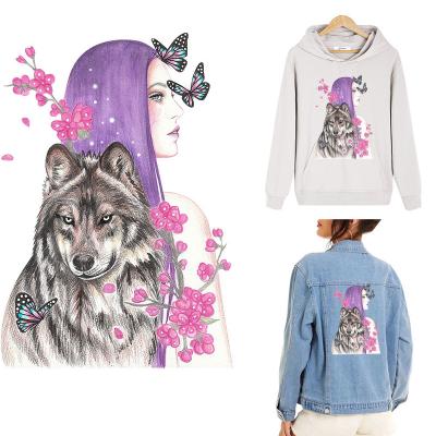 China Bottle Flower Transfer Patches Wolf And Girl Iron On Sticker Thermo Stripe On Clothes Diy Iron Patch Decal Dry Out Termoadhesivos Ropa for sale