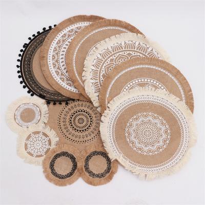 China Disposable Kitchen Dining Cotton Canvas Jute Place Mat Boho Woven Tassel Printed Table Mats Pad Heat Resistant Waterproof Place Mat for sale