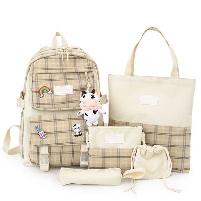 China Cute Girl New Waterproof Custom Plaid Canvas 5 Piece Set Supplier Waterproof School Backpack Set School Bag for sale