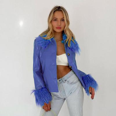 China B&M Vintage Plain Outerwear Long Sleeve Faux Fur Waterproof Ladies PU Coat Blue Clothes Autumn Winter Casual Women Fashion Leather Jacket for sale