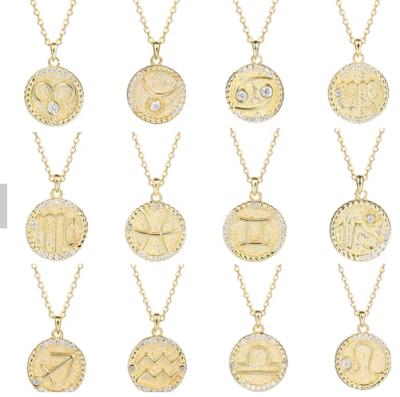 China TRENDY Coin S925 Sterling Silver Pendant Necklace Twelve Constellation Zodiac 18k Gold Necklace for sale