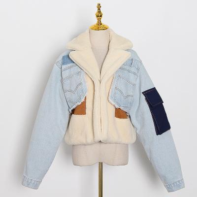 China New Jean Jacket With Fur Winter Breathable Chiffon Street Coat Patchwork Denim Faux Fur Coat Blue Jacket 2021 for sale