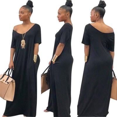 China Breathable Fashion Dress Boutique Pockets V Neck Solid Color Summer Women Loose Casual Long Dresses for sale