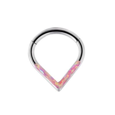 China 16G Titanium Eternal Punk Metal ASTM F136 Like Heart Nose Ring Body Piercing Jewelry Opal Side Paved Septum Clicker for sale