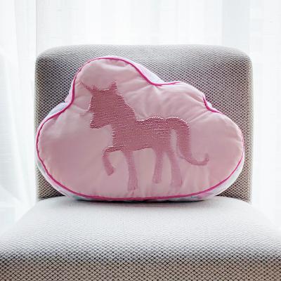 China Hot Sale Unicorn Shape Shiny Sequin Acrylic Printed Flannel Piping Baby Indoor Decorative Pillows for sale