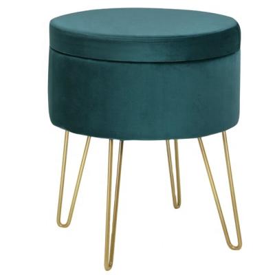 China Foldable Round Storage Ottoman Vanity Chair Upholstered Footrest Velvet Dressing Stool With Gold Steel Legs And Removable Cover for sale