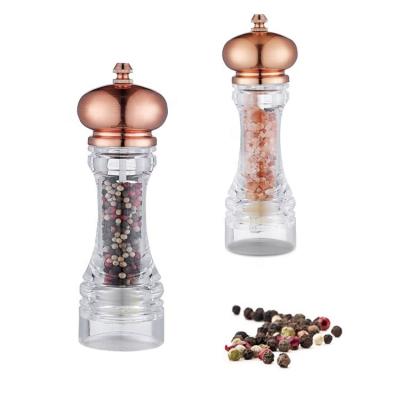 China Viable Hot Selling Acrylic Gold Color Salt and Pepper Grinders Set Manual Adjustable Ceramic Pepper Grinder for sale