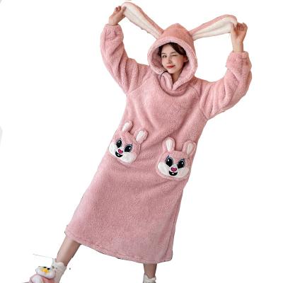 China Thermal High quality pajamas coral velvet hooded ladies skirt pajamas for fall and winter, rabbit pocket long sleeve cartoon nightdress for sale