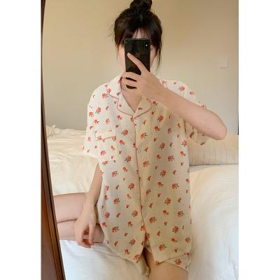 China Breathable Summer lapel cardigan women's pajamas short set, short sleeve elastic waist shorts women two piece sets, whole sales pajamas for sale