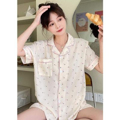 China Breathable pajamas manufacturer, summer lapel cute pajama set, short sleeve and shorts 2 piece set women's pajama short set for sale