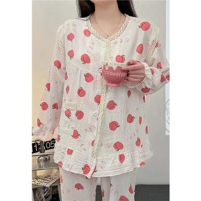 China Breathable Spring and autumn long sleeve women's pajamas set, sweet print pajamas elastic cuff top with pockets long cardigan women 2023 for sale