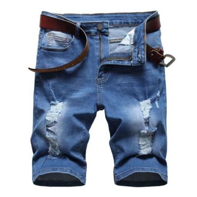 China Breathable Mens Summer Ripped Distressed Slim Fit Knee Length Washed Jeans Shorts for sale