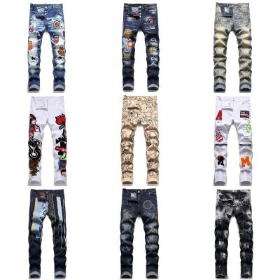 China Mens Designer Straight Slim Fit Breathable Patchwork Jeans Relieve Skinny Biker Denim Pants for sale