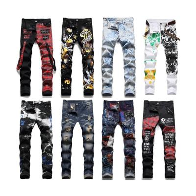 China Breathable Men's Slim Straight Fit Elastic Ripped Distressed Stretchy Skinny Jeans With Patches Tapered Leg Pants for sale