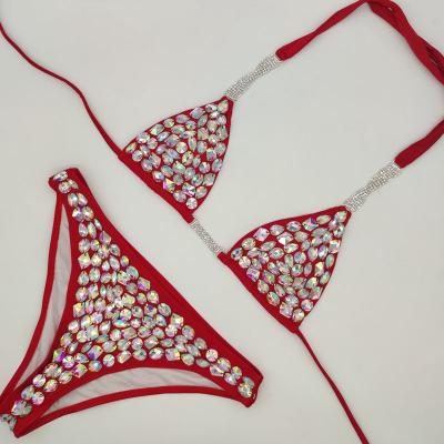 China Hot Sale Triangle Fitness Competition Rhinestone Removable Padded Top Custom Bikini Crystal Diamond Swimwear for sale