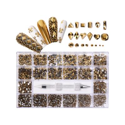 China Non Popular Multi Hot-fix Nail Rhinestone Shape Gold Flatback Stones Round Box Kit Set Nail Rhinestones Nail Stones for sale