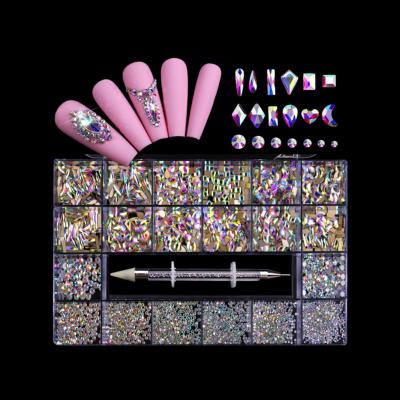 China Non Hot-fix Crystal Nail Art Mix Shape Fancy Shaped Rainbow Rhinestone AB Nail In Box Nail Glass Rhinestone for sale