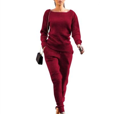 China Women's Fall Anti-UV Rib-knit Pullover Sweater Top And Long Pants Set 2 Piece Outfits Tracksuit for sale