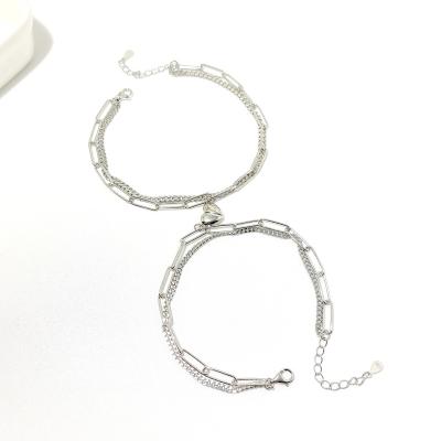 China 2022 New Coming Cute Heart Pendant Bracelet 925 Sterling Silver Paperclip Chain Magnetic Set For Couples for sale