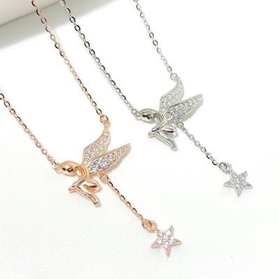 China 2022 New Coming TRENDY 925 Sterling Silver 18K Gold Plated Zircon Sublimation Angel Wing StarTassel Pendant Necklace for sale