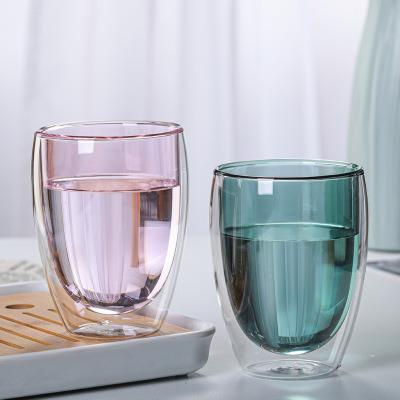 China 350ml 12oz Tumbler Glass Mug Tea Coffee Beer Beverage Double Wall Viable Inner Pink Teal Double Walled Glass Tumbler Mug for sale