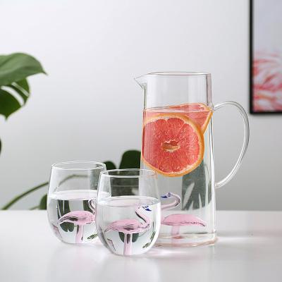 China INS style flamingo heart design borosilicate glass water carafe sustainable glass and cup set for sale