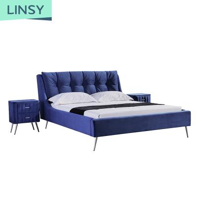 China Linsy Italy Luxury Modern Nordic Bedroom Furniture Bule Bed King Size Bed Frame Storage Sets K318 for sale