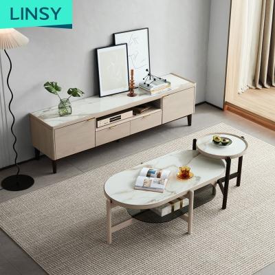 China Linsy Minimalist Style Adjustable Coffee Table (Other) Wooden Stand And Center TV Marble Top Oval Table Set Luxury For Living Room Vv2L for sale