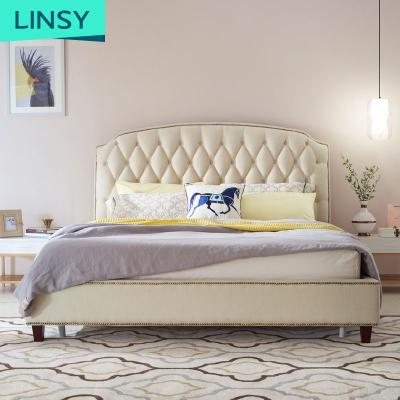 China Linsy Double Bed Home Comfortable And Stylish Modern Soft Fabric Bag 1.8 Meters Legs Solid Wood Luxury Storage Bed for sale